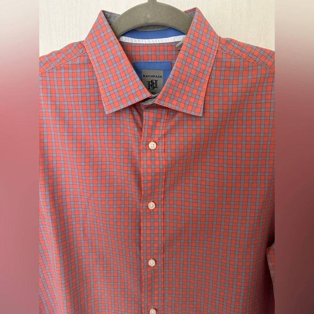 Bachrach Mens Shirt Long Sleeve Button Down Dress Plaid Orange/Pink/Blue, Sz M